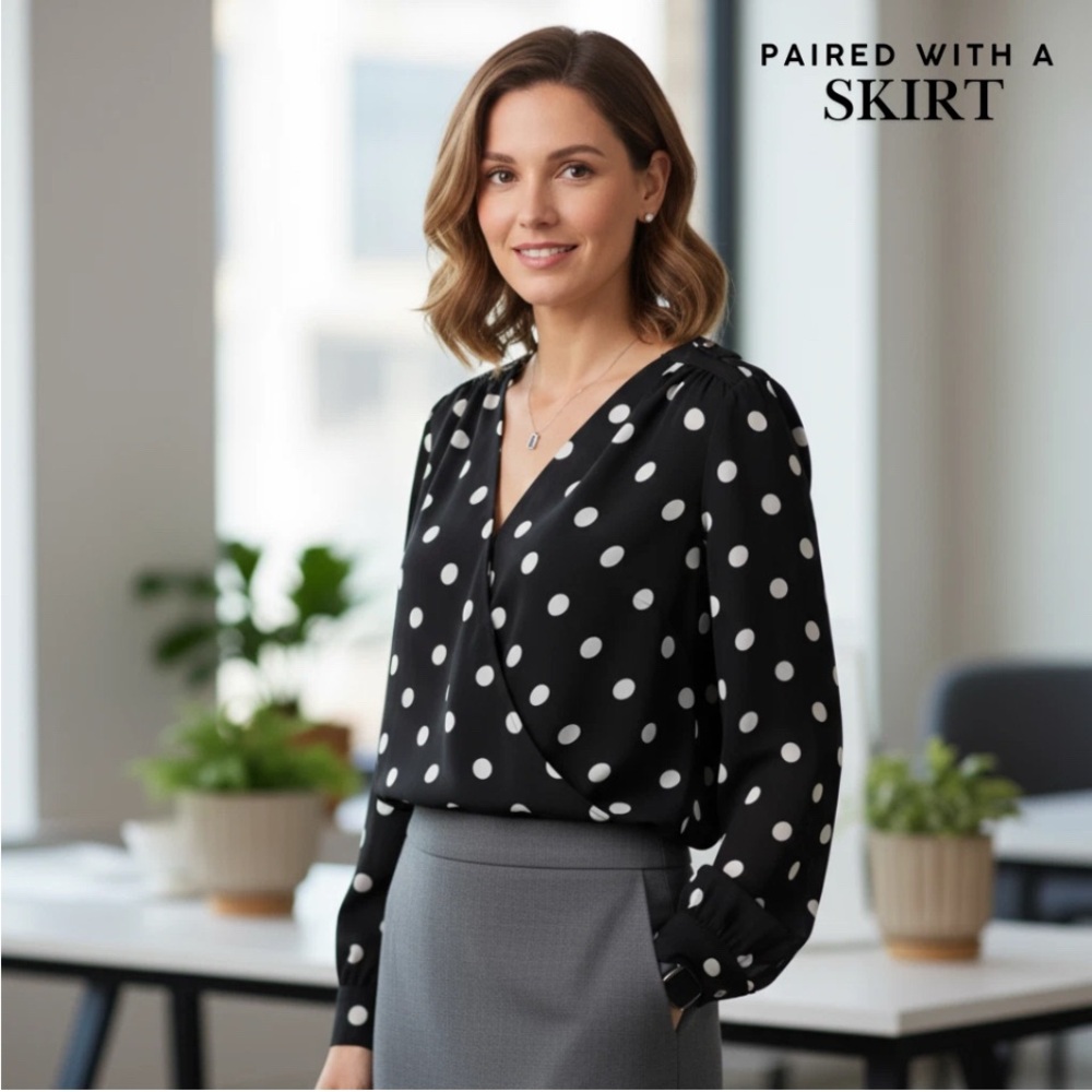WHITE HOUSE BLACK MARKET Polka Dot Faux Wrap Blouse Top Womens Size 8 - Picture 2 of 13